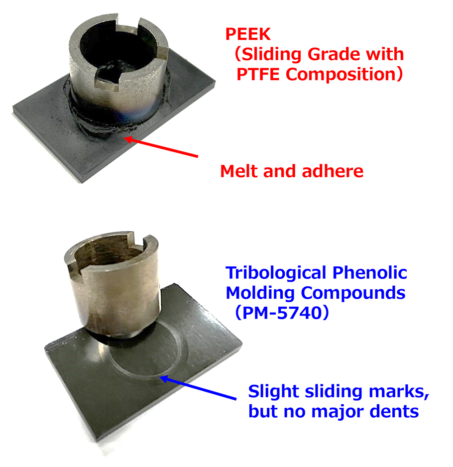PEEK
(Sliding grade containing PTFE):Lock by melt and sticking/High friction & wear grade
(PM-5740):Slight sliding mark, but no dent.