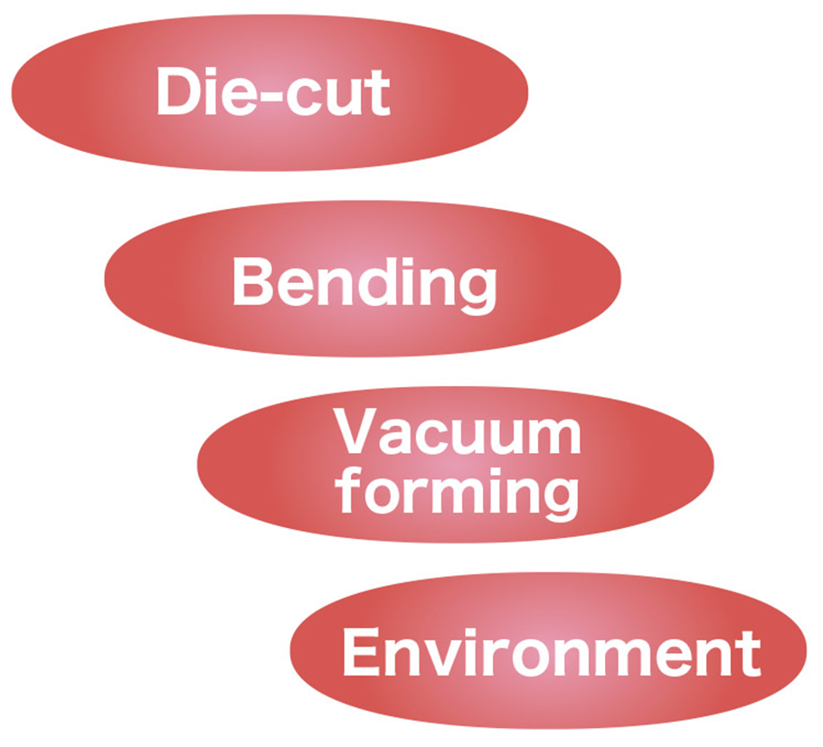 打ち抜き、曲げ加工、粘着加工、真空成形
