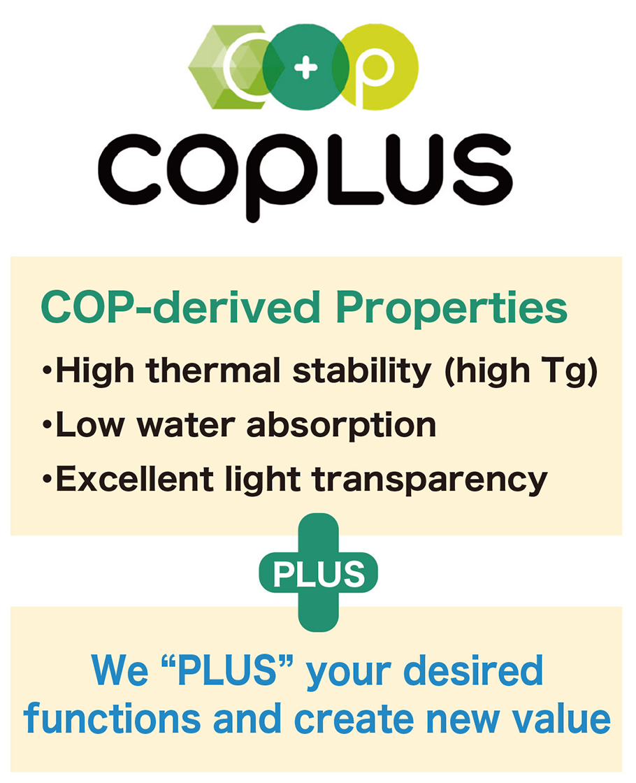 COP-derived Properties
・High thermal stability (high Tg)
・Low water absorption 
・Excellent light transparency. We “PLUS” your desired
functions and create new value