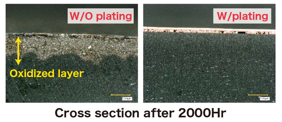 2000Hr後 成形品断面写真 めっきありめっきなし比較 めっきなしに酸化劣化あり
