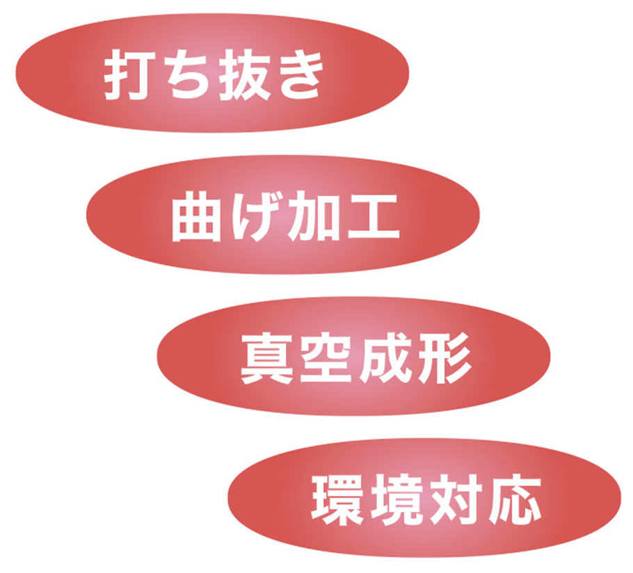 打ち抜き、曲げ加工、粘着加工、真空成形