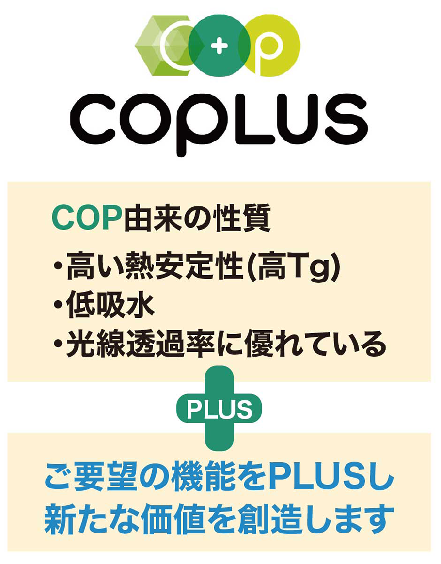 COPLUS®とは、COP由来の性質（高い熱安定性、低吸水、高専透過率に優れている）にプラスしてご要望の機能をPLUSし新たな価値を創造します