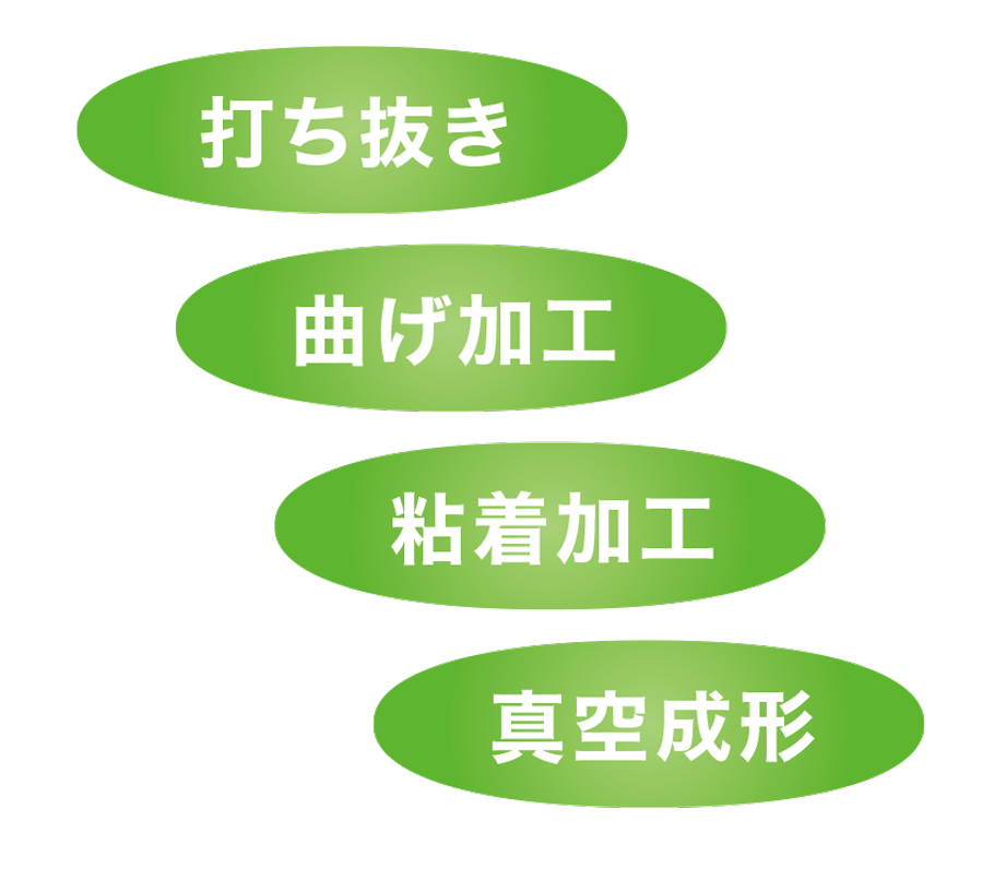 打ち抜き、曲げ加工、粘着加工、真空成形